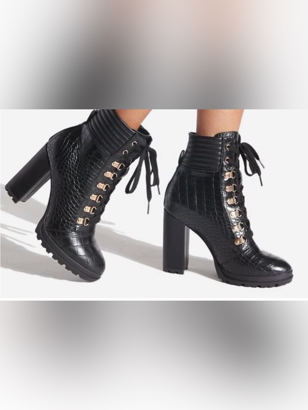 Shoe Dazzle Black Croc-Embossed Lace-Up Boots with Gold Hardware 7 NWT & box